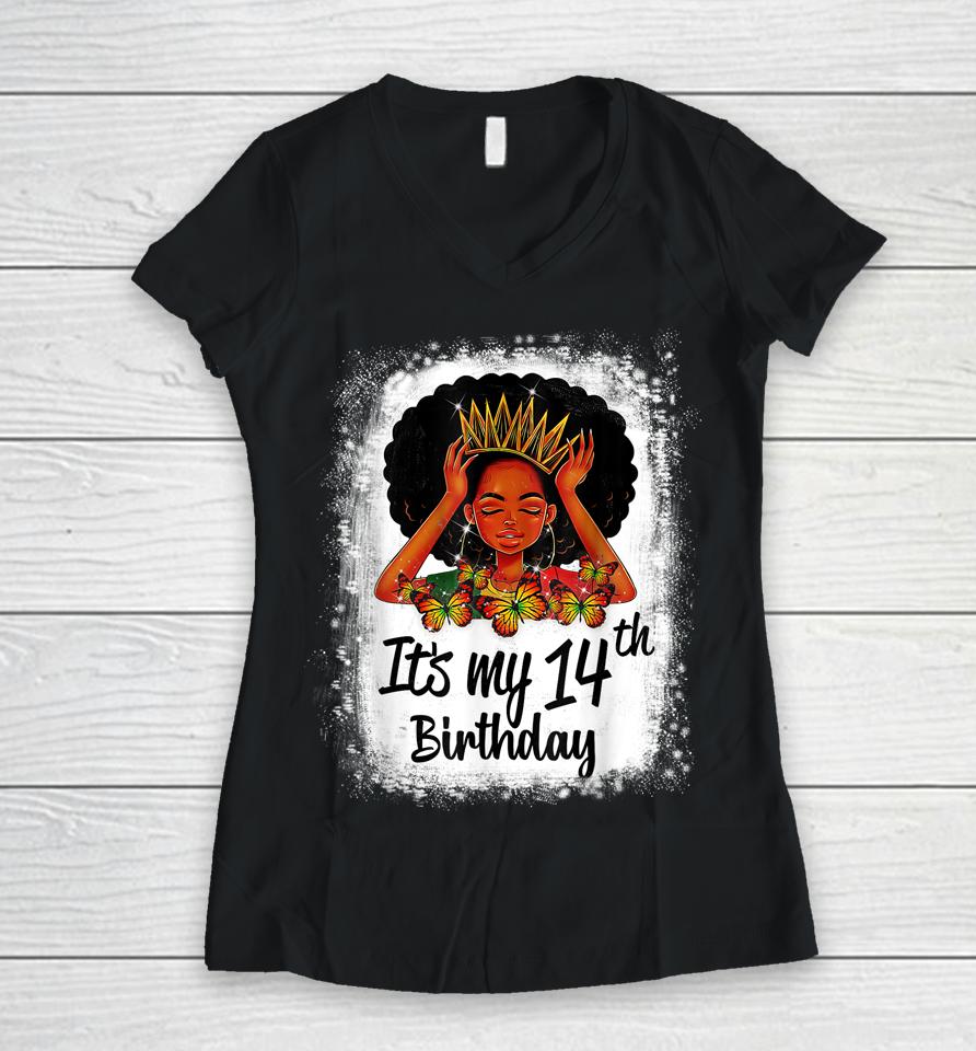 14 Years Old Black Melanin Women Girl It's My 14Th Birthday Women V-Neck T-Shirt