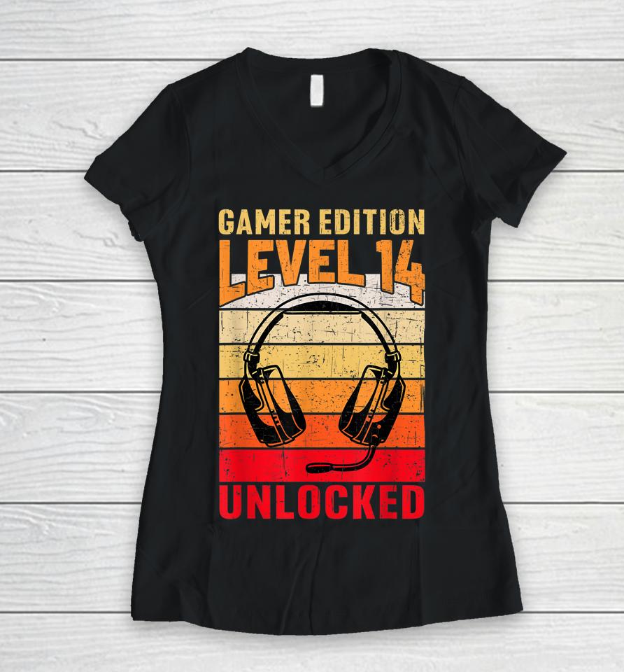 14Th Birthday Video Gamer Edition Level 14 Unlocked Women V-Neck T-Shirt