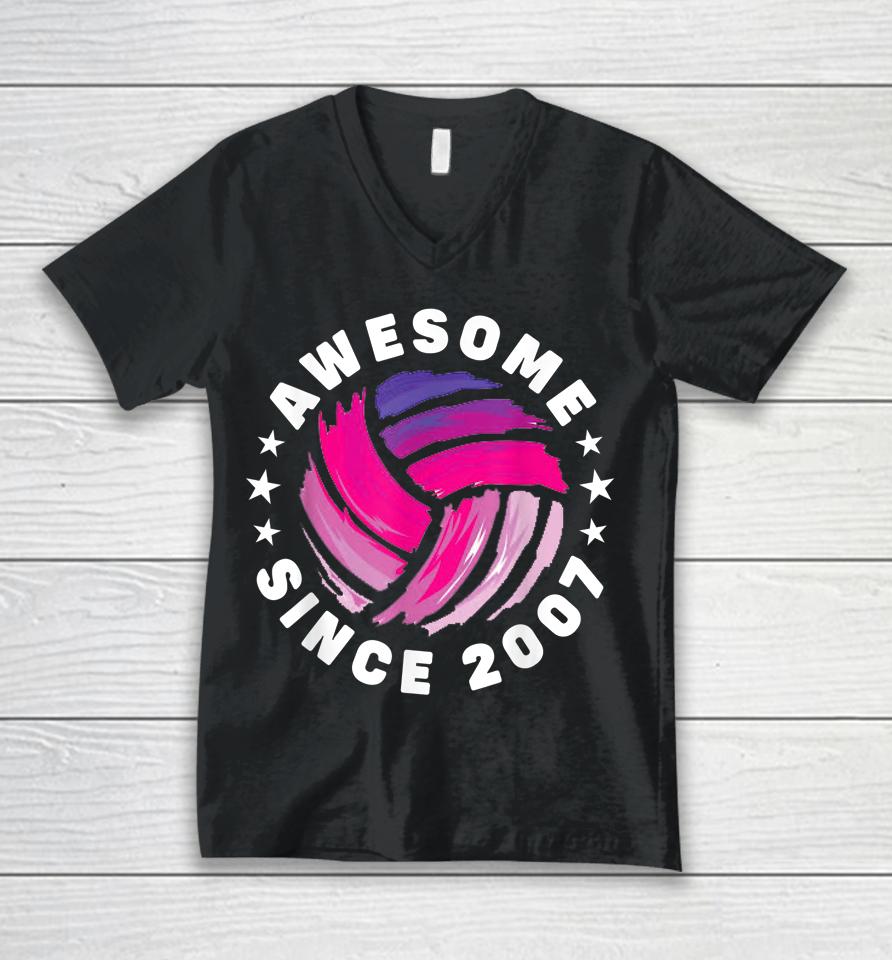 15Th Birthday Awesome Since 2007 15 Years Old Volleyball Unisex V-Neck T-Shirt