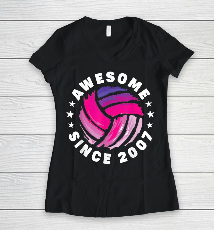 15Th Birthday Awesome Since 2007 15 Years Old Volleyball Women V-Neck T-Shirt