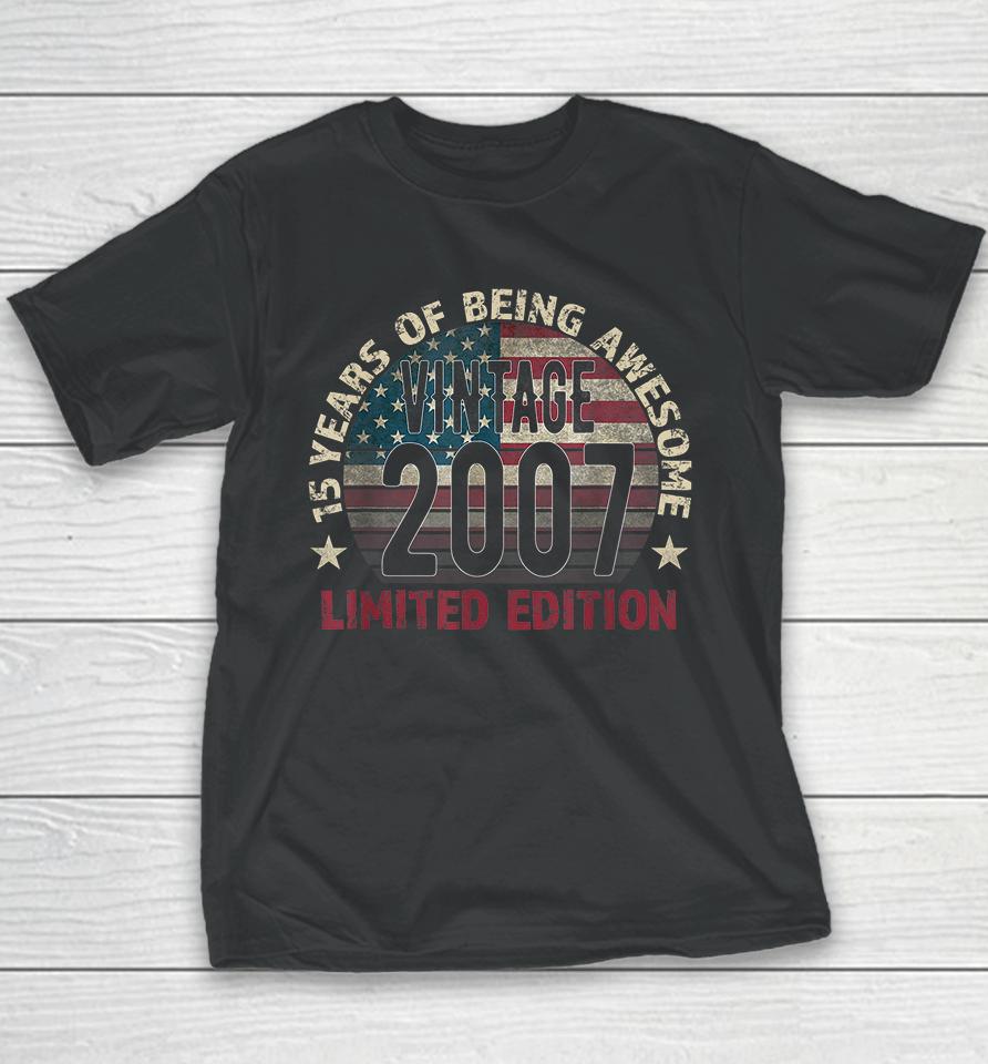 15Th Birthday Gift Boys Vintage 2007 15 Years Old Usa Flag Youth T-Shirt