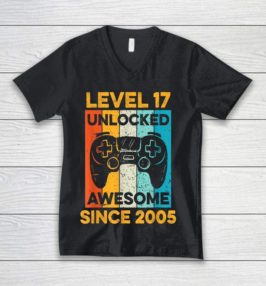 17Th Birthday Gift Level 17 Unlocked Awesome Since 2005 Boys Unisex V-Neck T-Shirt