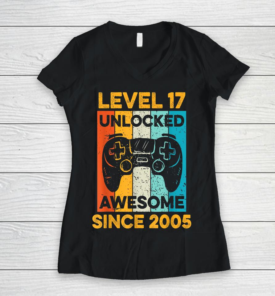 17Th Birthday Gift Level 17 Unlocked Awesome Since 2005 Boys Women V-Neck T-Shirt