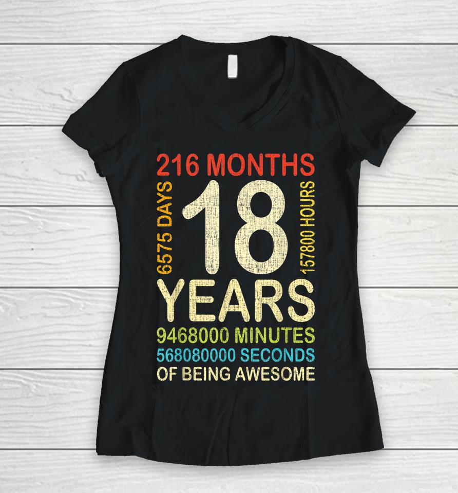 18Th Birthday 18 Years Old Vintage Retro 216 Months Women V-Neck T-Shirt