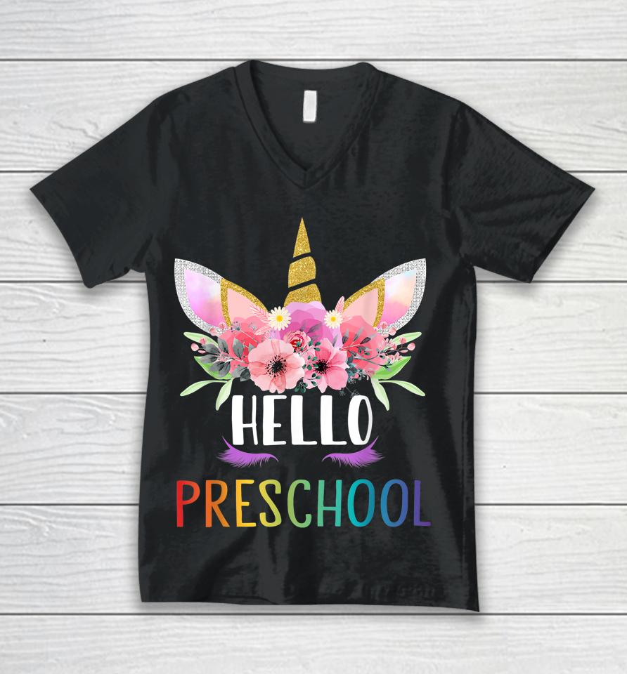 1St Day Of Preschool Unicorn Hello Preschool Girls Unisex V-Neck T-Shirt