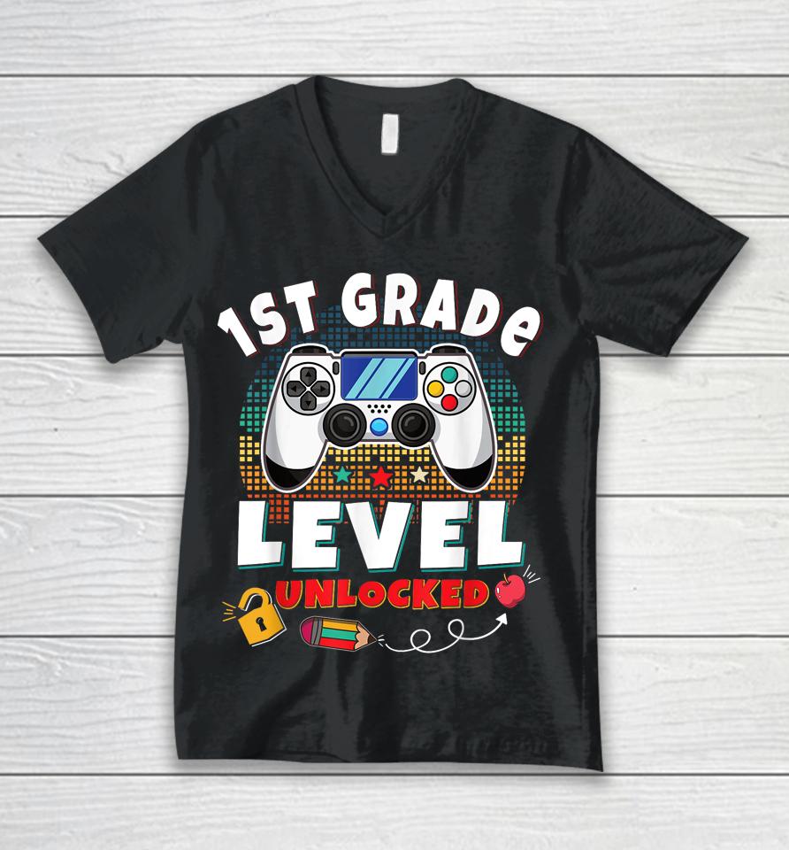 1St Grade Level Unlocked Gamer First Day Of School Boys Unisex V-Neck T-Shirt
