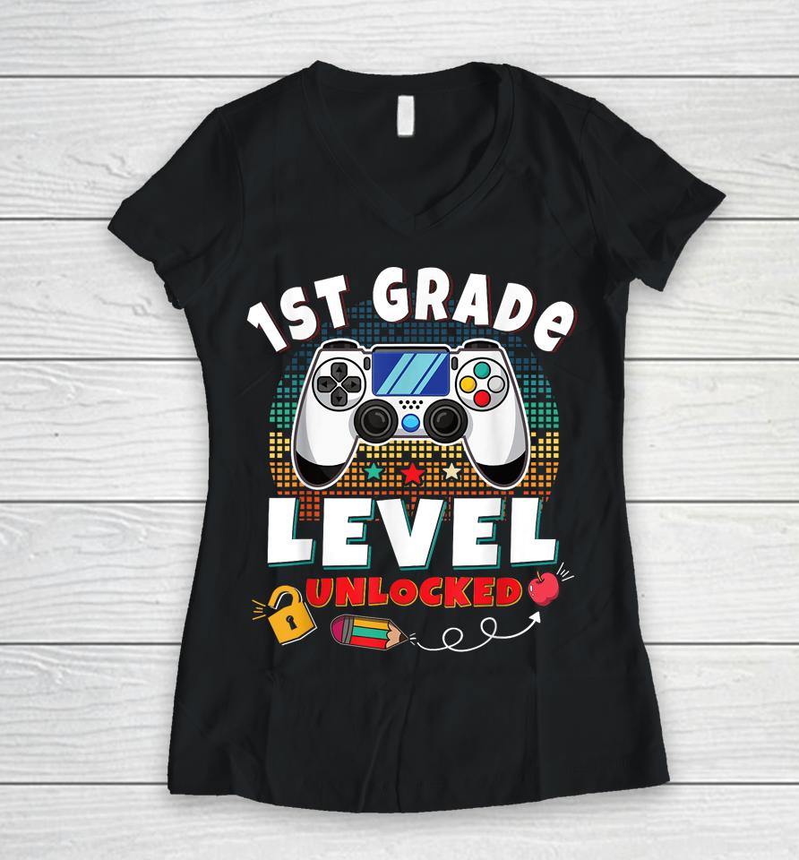 1St Grade Level Unlocked Gamer First Day Of School Boys Women V-Neck T-Shirt