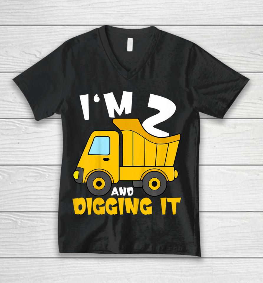2 Year Old Cute Construction Truck Birthday 2Nd Boys Unisex V-Neck T-Shirt