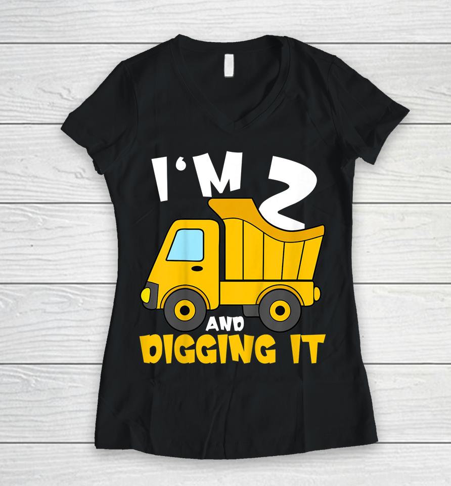 2 Year Old Cute Construction Truck Birthday 2Nd Boys Women V-Neck T-Shirt