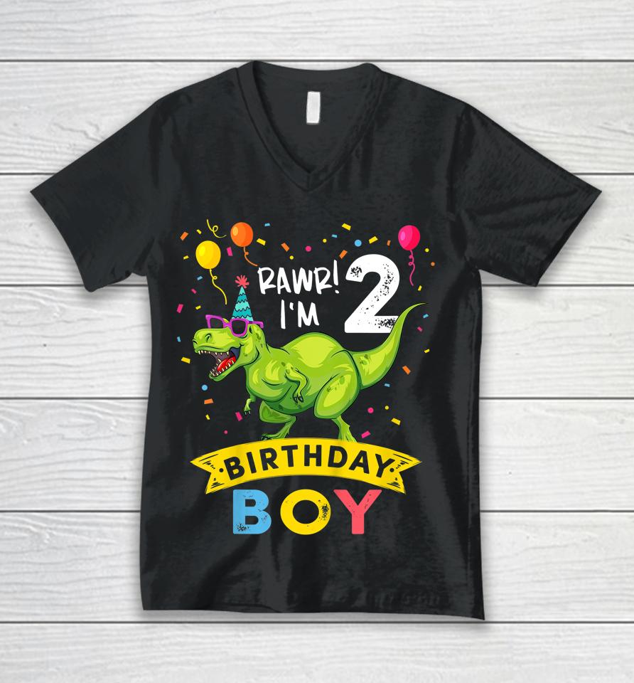 2 Year Old Shirt 2Nd Birthday Boy T-Rex Dinosaur Unisex V-Neck T-Shirt