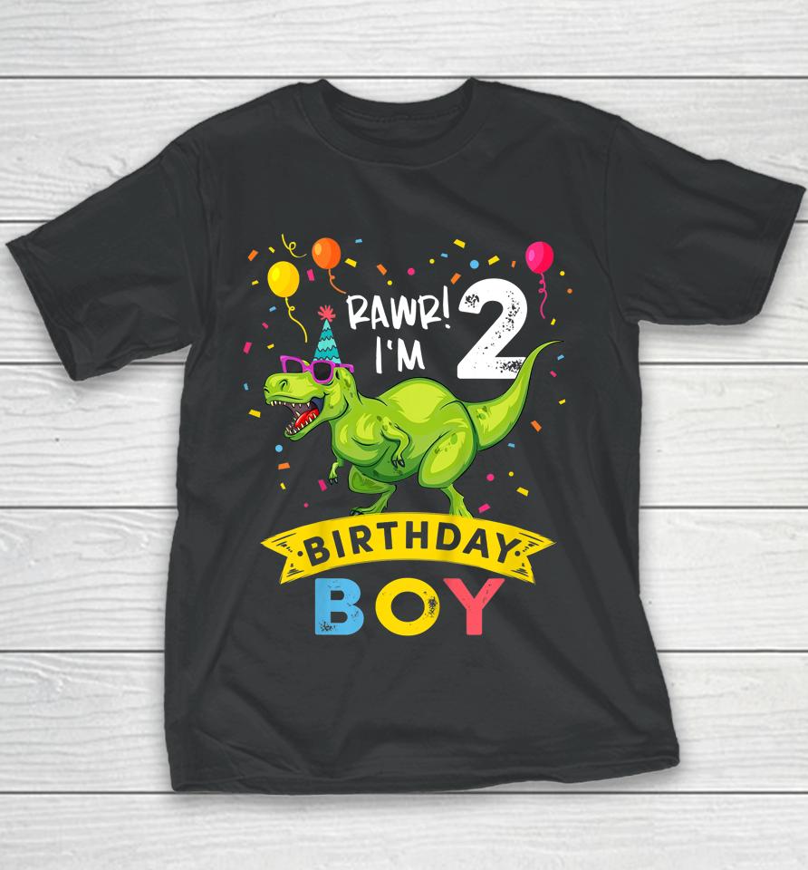 2 Year Old Shirt 2Nd Birthday Boy T-Rex Dinosaur Youth T-Shirt