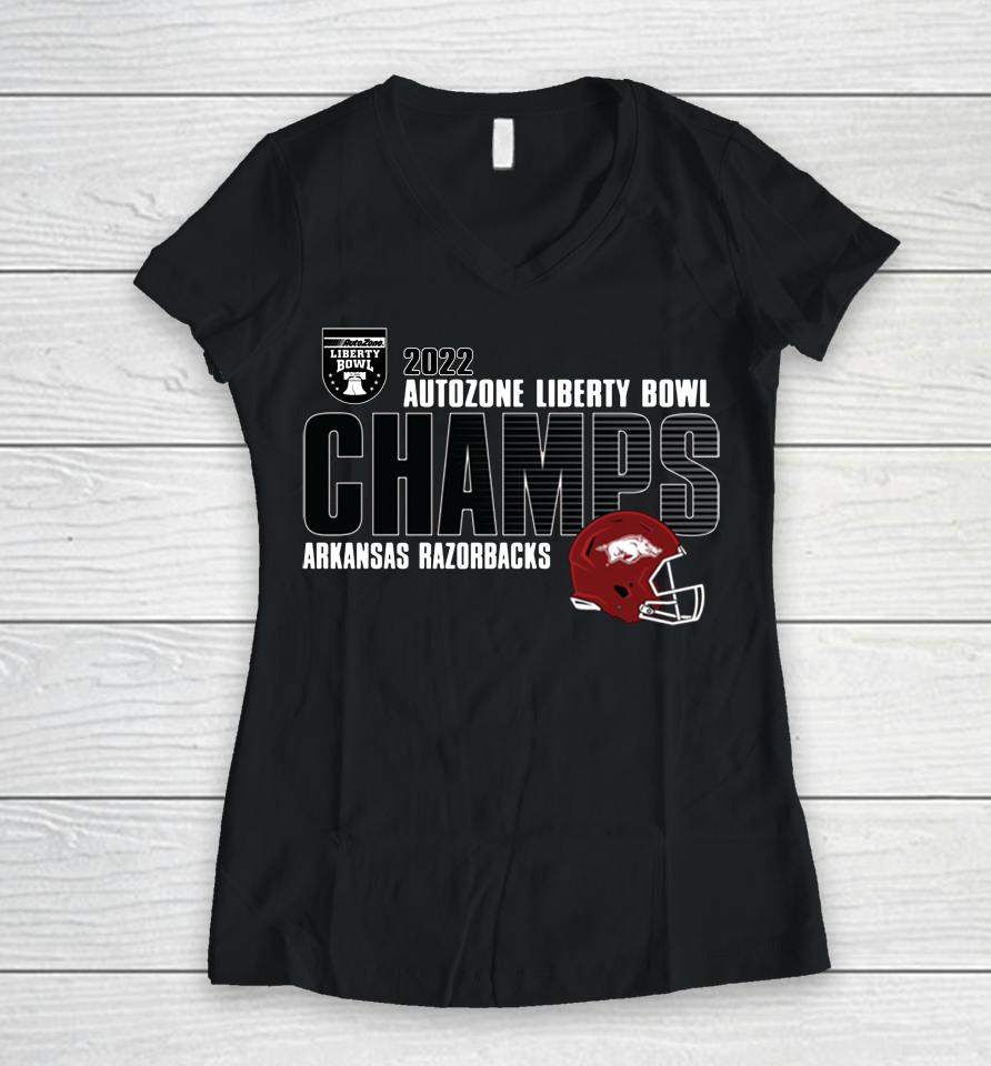 2022 Autozone Liberty Bowl Arkansas Razorbacks Champions Helmet Women V-Neck T-Shirt