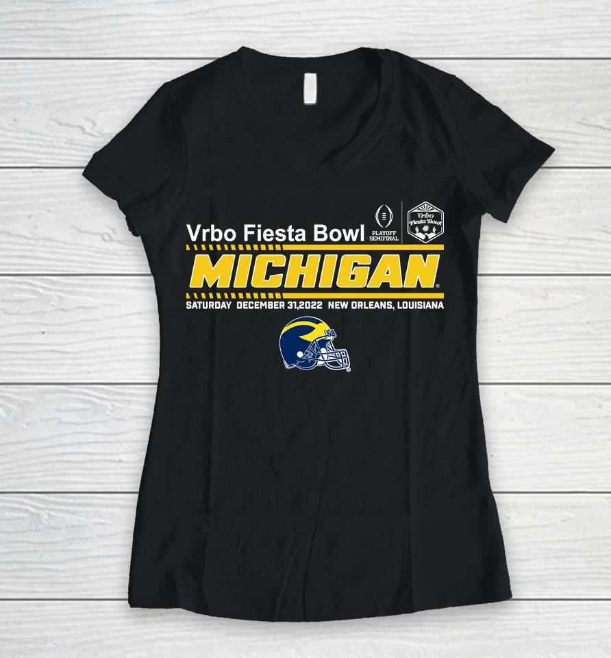 2022 Cfp Semifinal Vrbo Fiesta Bowl Michigan Team Helmet Women V-Neck T-Shirt