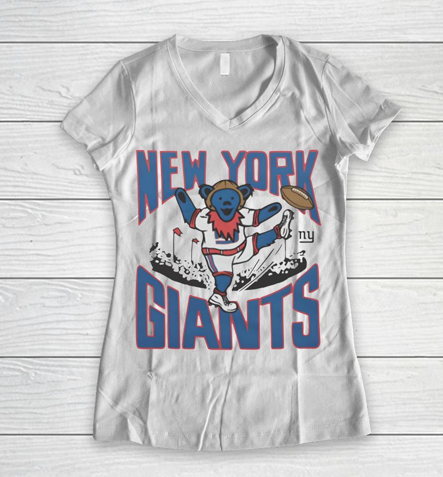 2022 Nfl X Grateful Dead X New York Giants Logo Women V-Neck T-Shirt