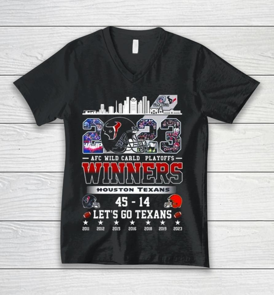 2023 Afc Wild Card Playoffs Winners Houston Texans 45 – 14 Cleveland Browns Let’s Go Texans Helmet Skyline Unisex V-Neck T-Shirt