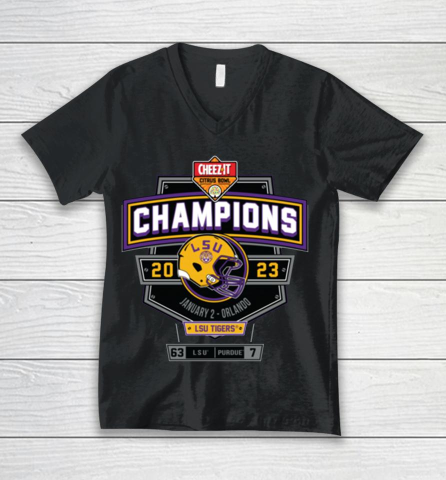 2023 Citrus Bowl Champions Score Lsu Tigers Unisex V-Neck T-Shirt