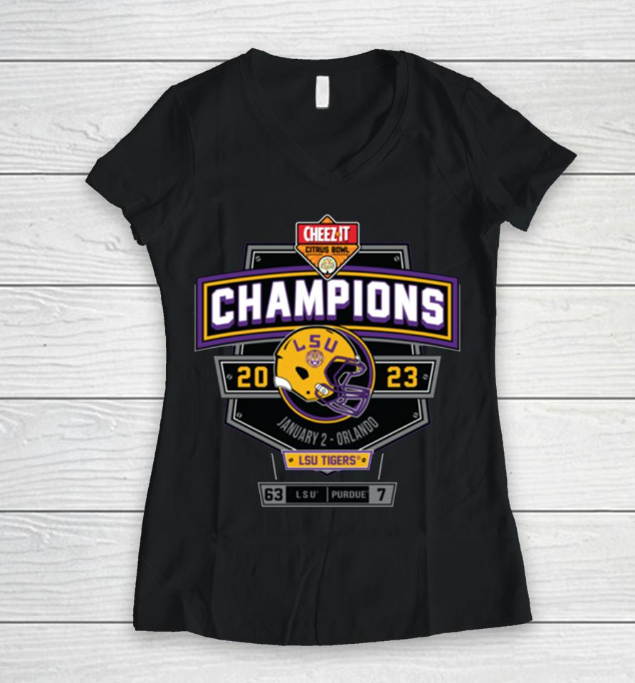 2023 Citrus Bowl Champions Score Lsu Tigers Women V-Neck T-Shirt