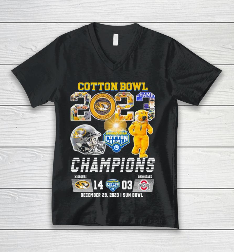 2023 Cotton Bowl Champions Missouri Tigers Football 38 25 Ohio State Unisex V-Neck T-Shirt