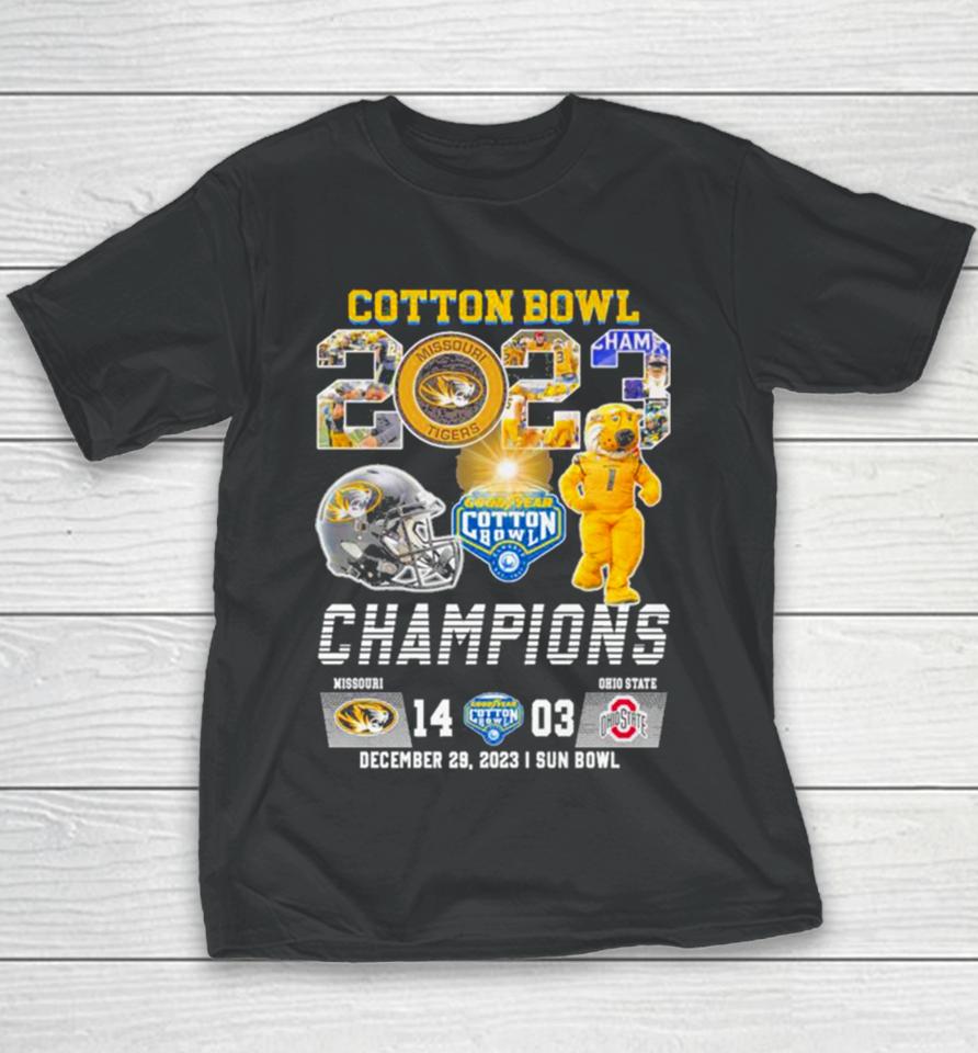 2023 Cotton Bowl Champions Missouri Tigers Football 38 25 Ohio State Youth T-Shirt