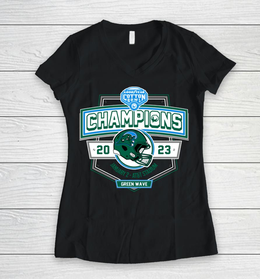 2023 Cotton Bowl Merch Tulane Green Wave Champions Women V-Neck T-Shirt