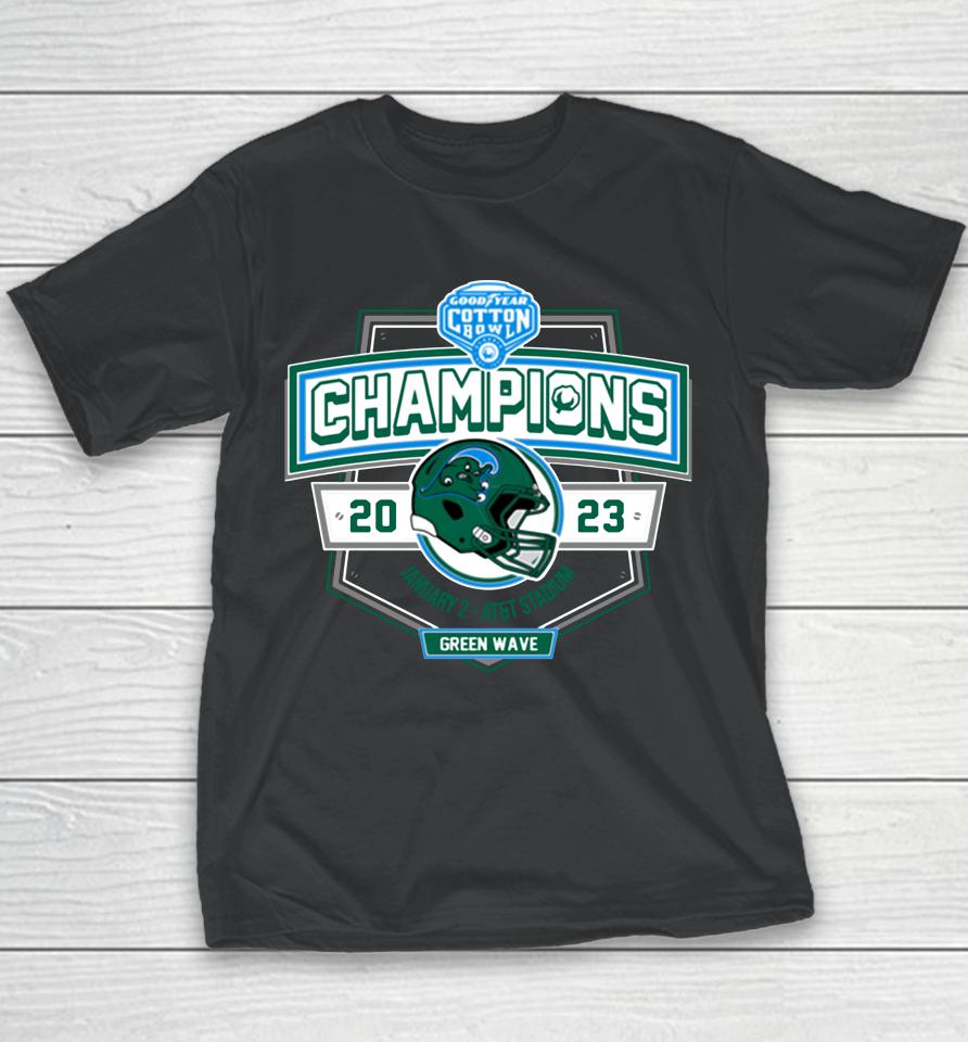 2023 Cotton Bowl Merch Tulane Green Wave Champions Youth T-Shirt