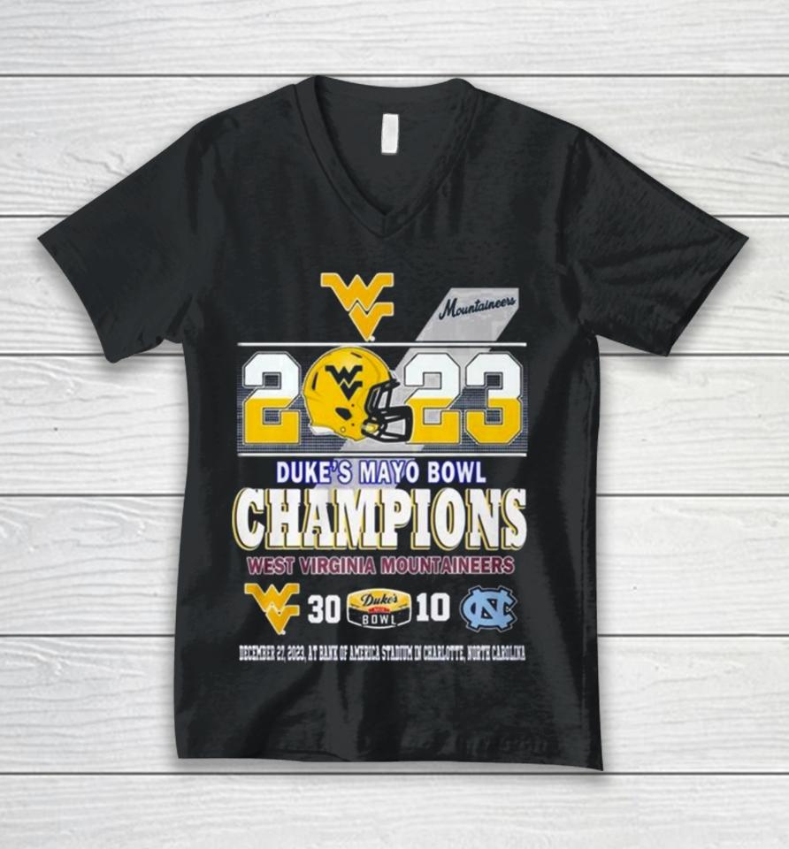 2023 Duke’s Mayo Bowl Champions West Virginia Mountaineers 30 10 North Carolina Football Unisex V-Neck T-Shirt