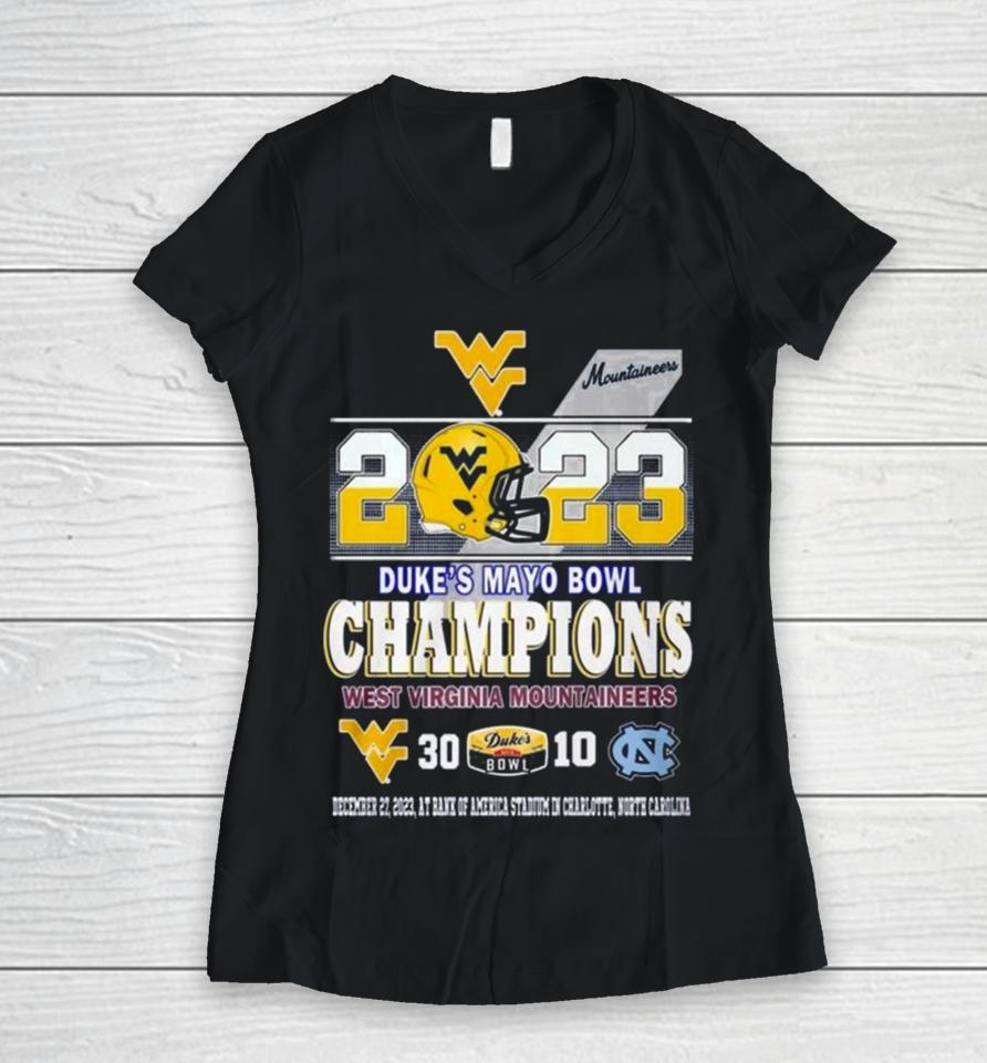 2023 Duke’s Mayo Bowl Champions West Virginia Mountaineers 30 10 North Carolina Football Women V-Neck T-Shirt