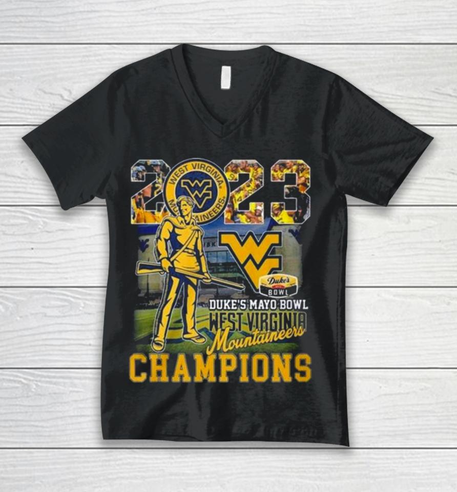 2023 Duke’s Mayo Bowl Champions West Virginia Mountaineers Unisex V-Neck T-Shirt