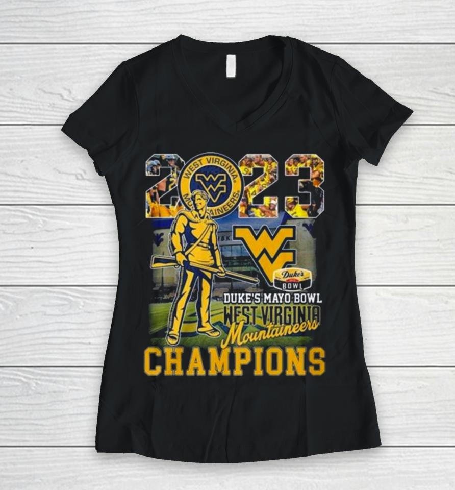2023 Duke’s Mayo Bowl Champions West Virginia Mountaineers Women V-Neck T-Shirt