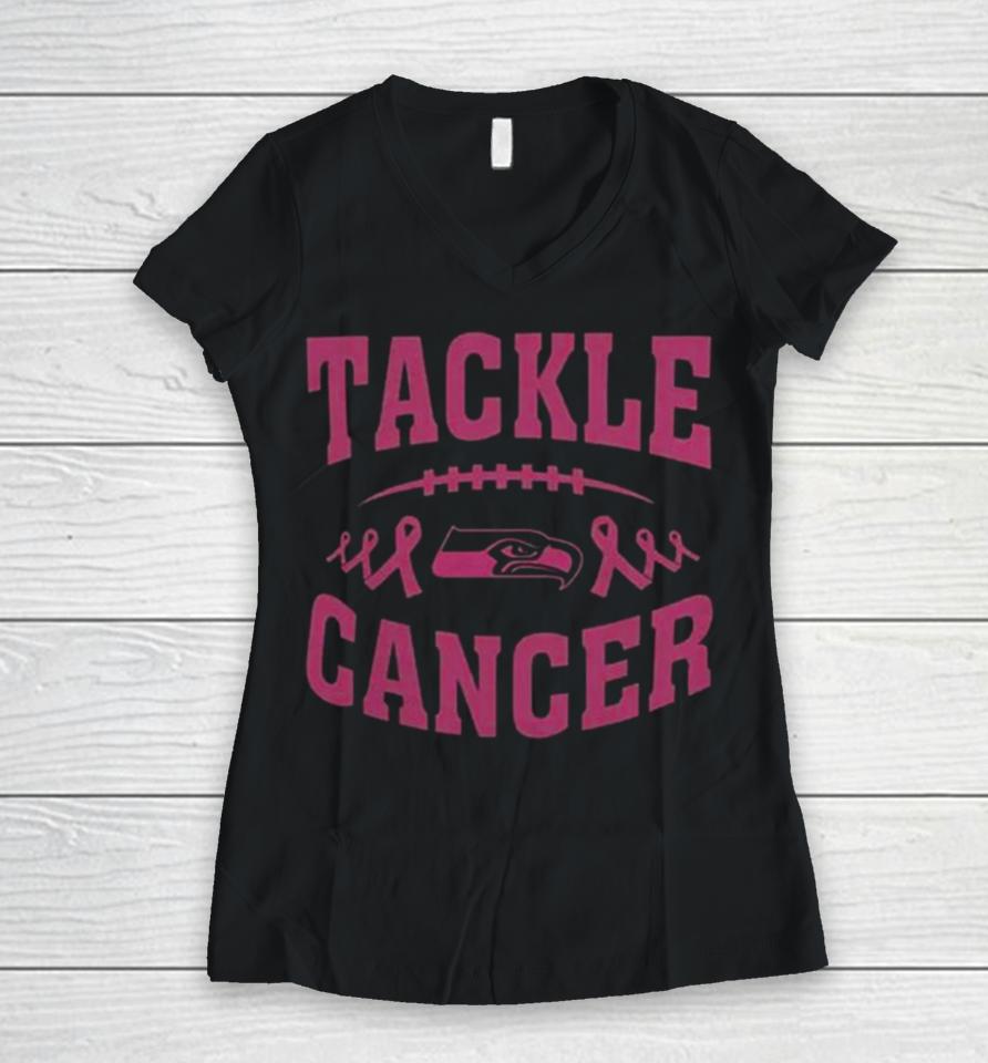 2023 Football Seattle Seahawks Tackle Breast Cancer Women V-Neck T-Shirt