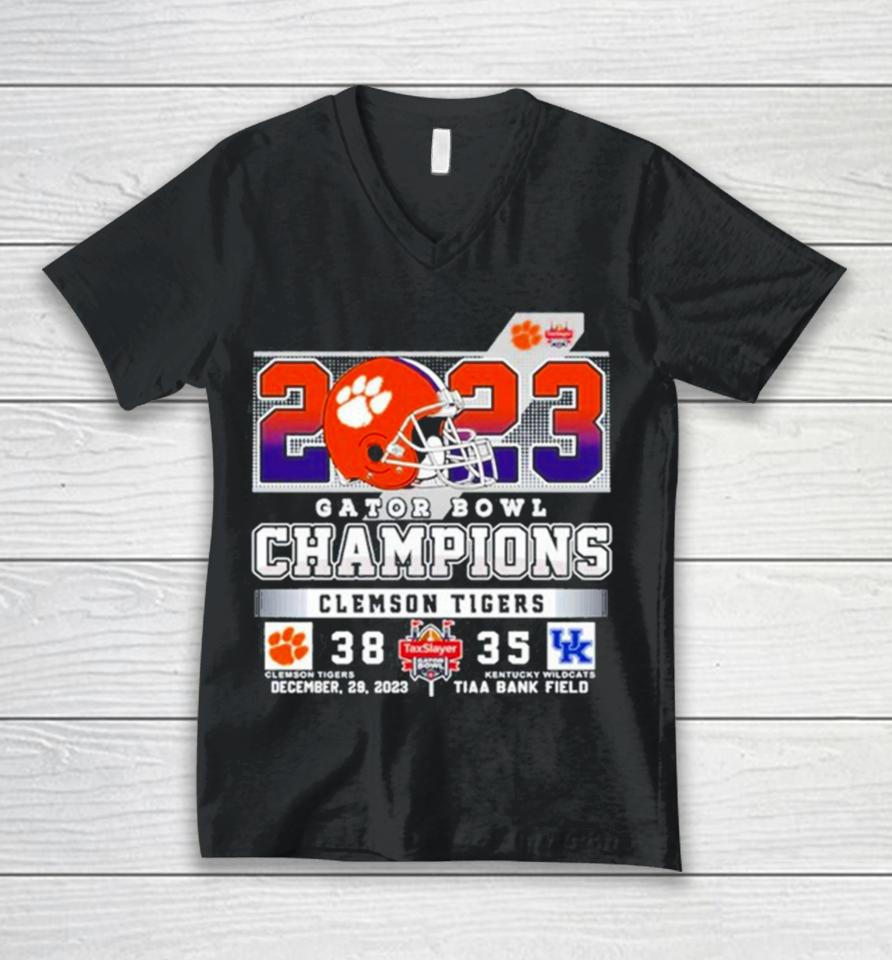2023 Gator Bowl Champions Clemson Tigers 38 35 Kentucky Wildcats December 29 2023 Tiaa Bank Field Unisex V-Neck T-Shirt
