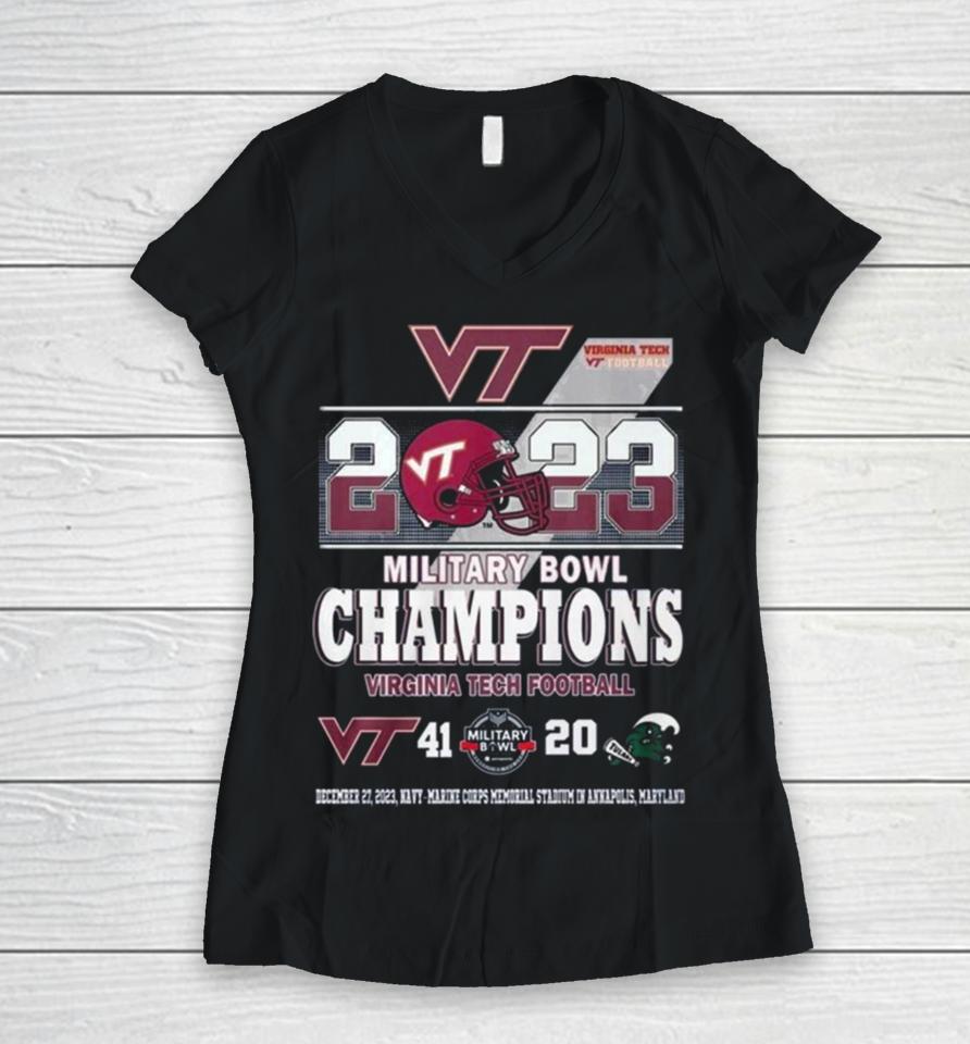 2023 Military Bowl Champions Virginia Tech Football 41 20 Tulane Football Women V-Neck T-Shirt