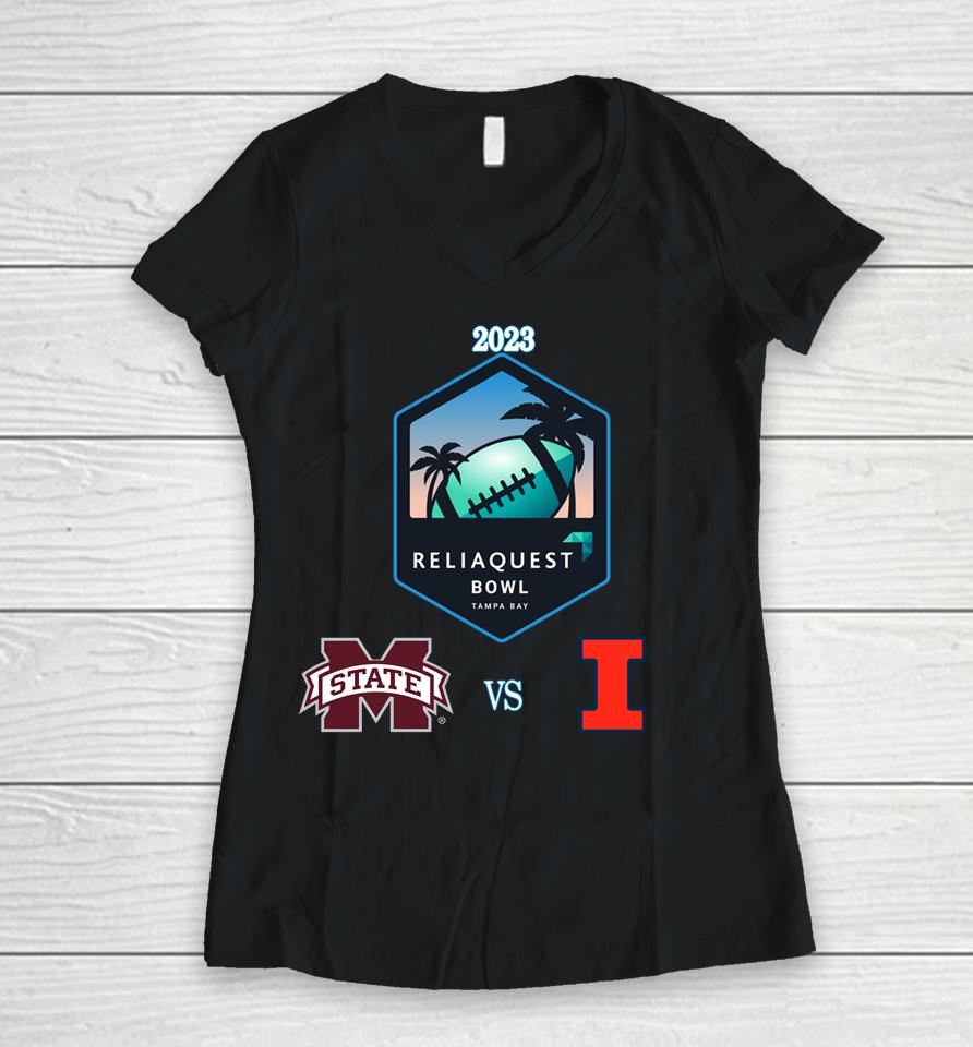 2023 Reliaquest Bowl Merch Illinois Fighting Illini Vs Mississippi State Bulldogs Matchup Women V-Neck T-Shirt