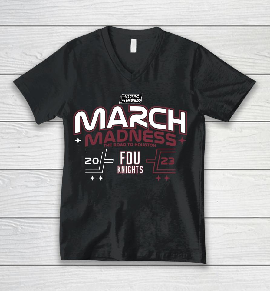 2023 Shop Fairleigh Dickinson University Men's Basketball 2023 Ncaa Tournament Bound Unisex V-Neck T-Shirt