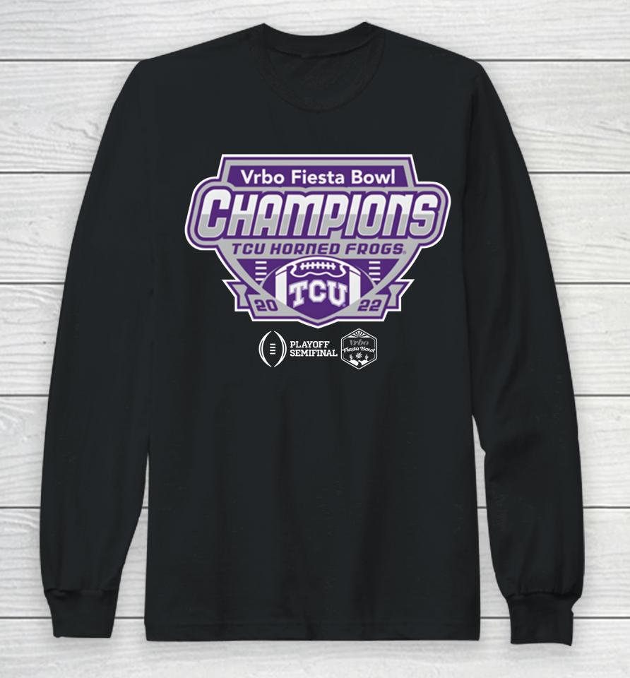 2023 Vrbo Fiesta Bowl Tcu Horned Frogs Champions Shield Black Long Sleeve T-Shirt