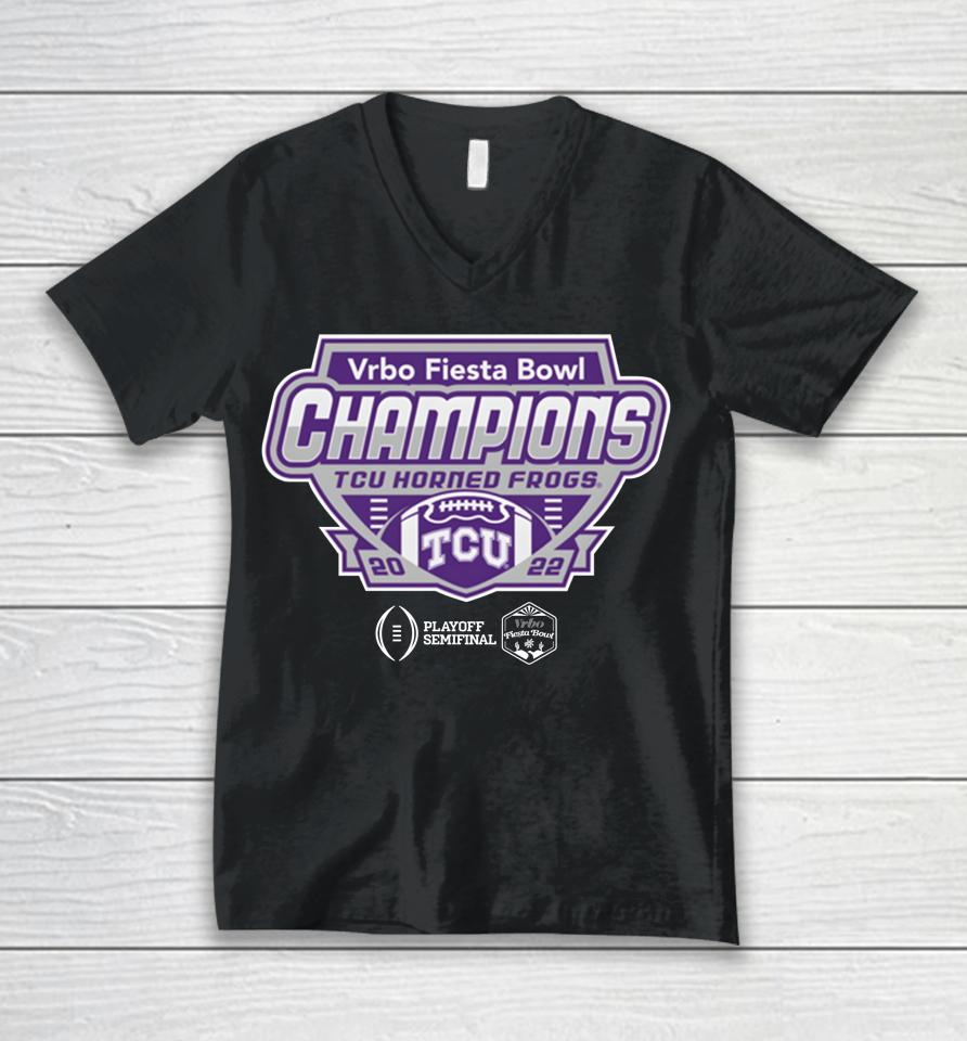 2023 Vrbo Fiesta Bowl Tcu Horned Frogs Champions Shield Black Unisex V-Neck T-Shirt