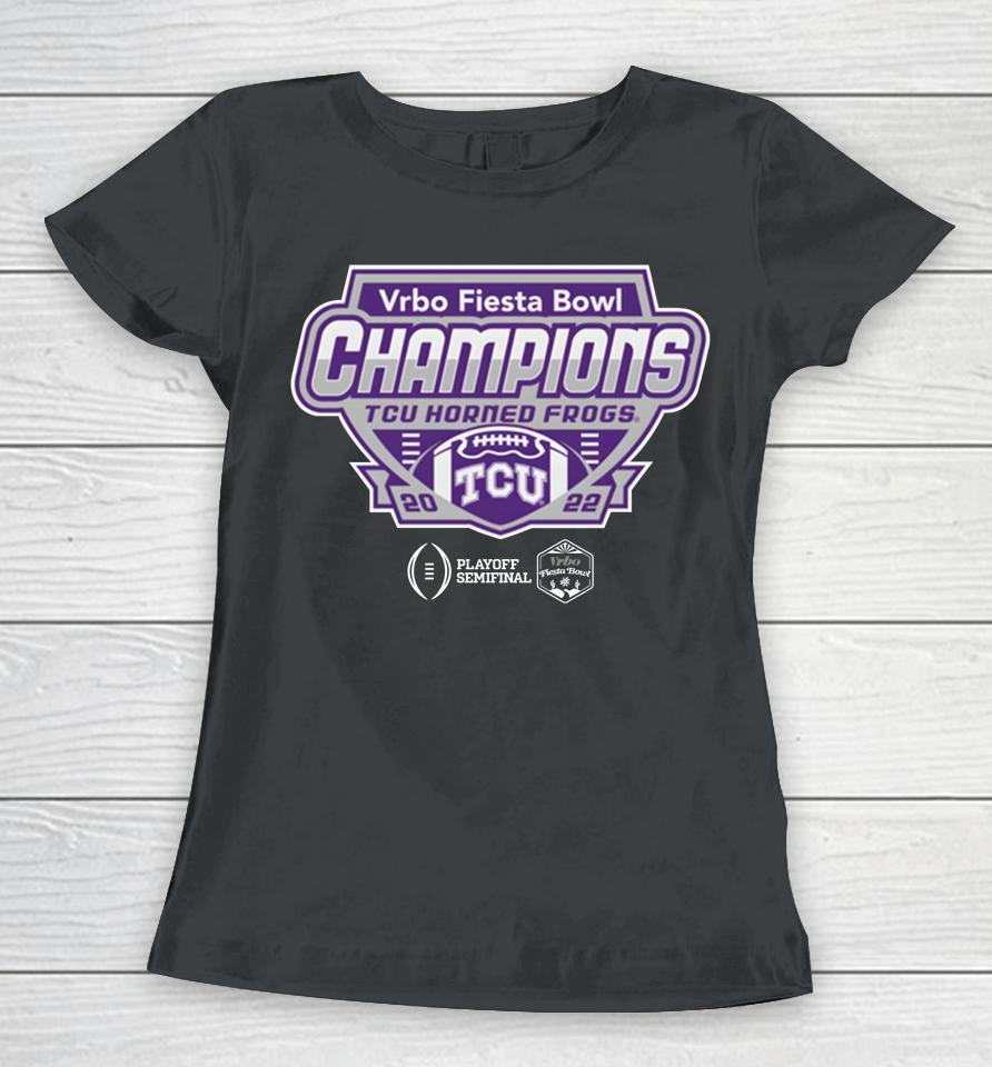 2023 Vrbo Fiesta Bowl Tcu Horned Frogs Champions Shield Black Women T-Shirt
