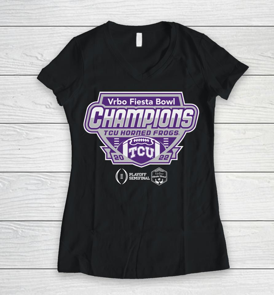 2023 Vrbo Fiesta Bowl Tcu Horned Frogs Champions Shield Black Women V-Neck T-Shirt
