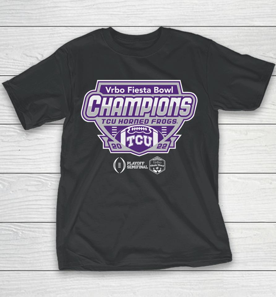 2023 Vrbo Fiesta Bowl Tcu Horned Frogs Champions Shield Black Youth T-Shirt