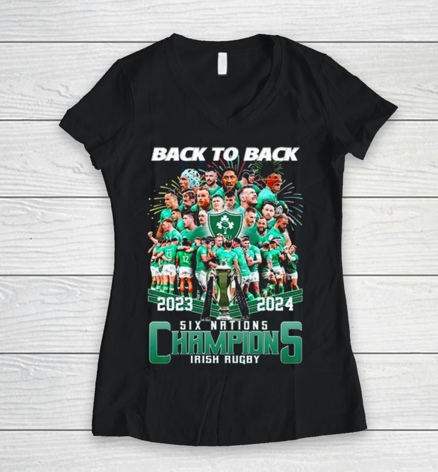 2024 Back To Back Six Nations Champions Irish Rugby Women V-Neck T-Shirt