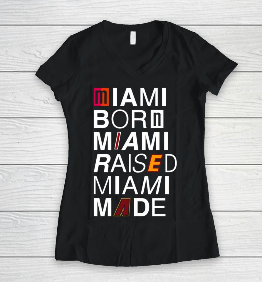 2024 Miami Born Miami Raised Miami Made Logos Women V-Neck T-Shirt