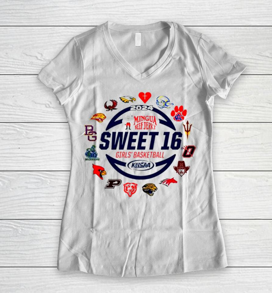 2024 Mingua Beef Jerky Sweet 16 Girls’ Basketball Logo Women V-Neck T-Shirt