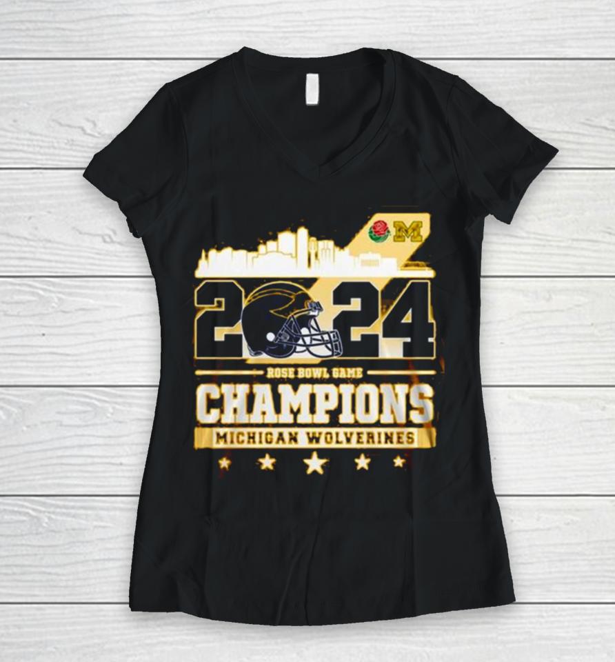 2024 Rose Bowl Game Champions Michigan Wolverines Women V-Neck T-Shirt