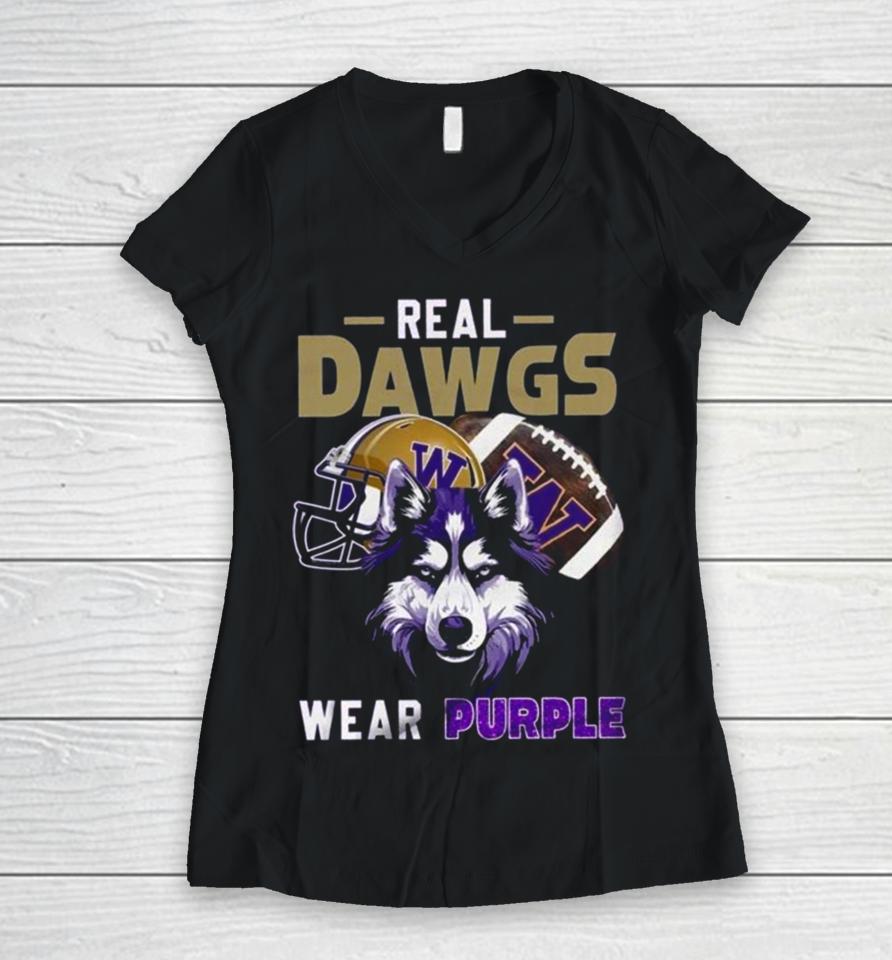 2024 Washington Huskies Real Dawgs Wear Purple Wolf Women V-Neck T-Shirt