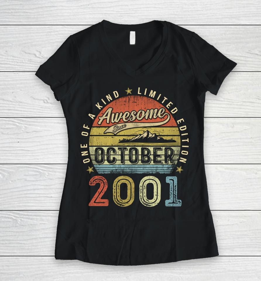 21St Birthday Gift Awesome Since October 2001 21 Year Old Women V-Neck T-Shirt