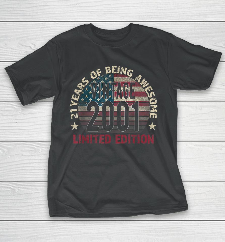 21Th Birthday Gift Men Vintage 2001 21 Years Old Usa Flag T-Shirt