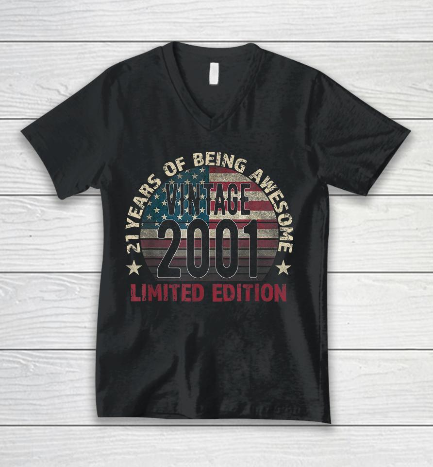21Th Birthday Gift Men Vintage 2001 21 Years Old Usa Flag Unisex V-Neck T-Shirt