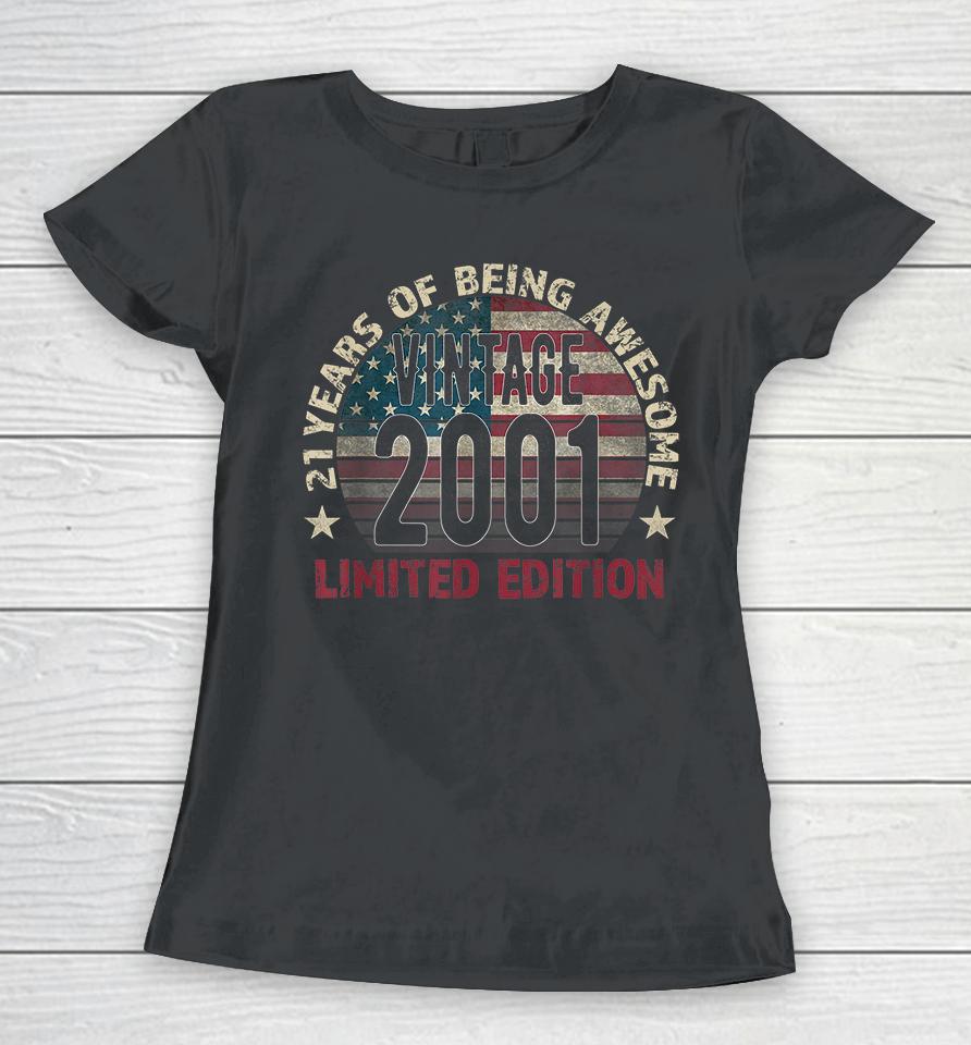 21Th Birthday Gift Men Vintage 2001 21 Years Old Usa Flag Women T-Shirt