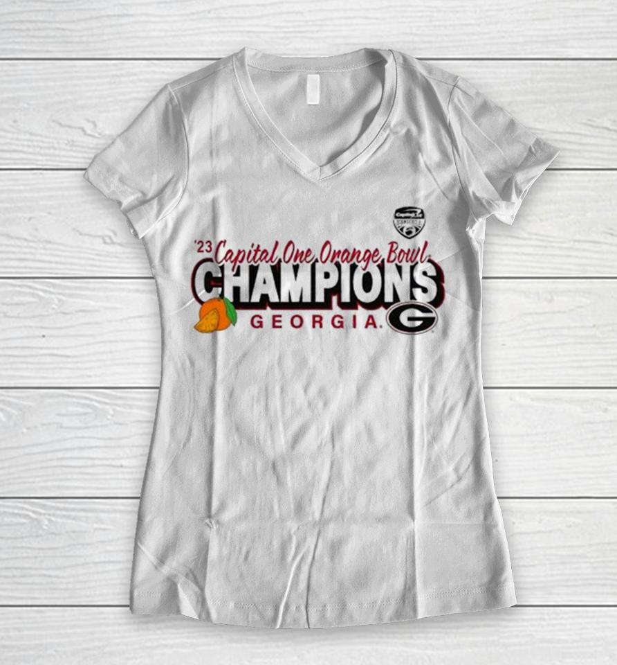 ’23 Orange Bowl Champions Georgia Bulldogs Women V-Neck T-Shirt