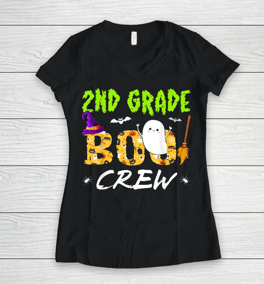 2Nd Grade Boo Crew Teacher Halloween Women V-Neck T-Shirt